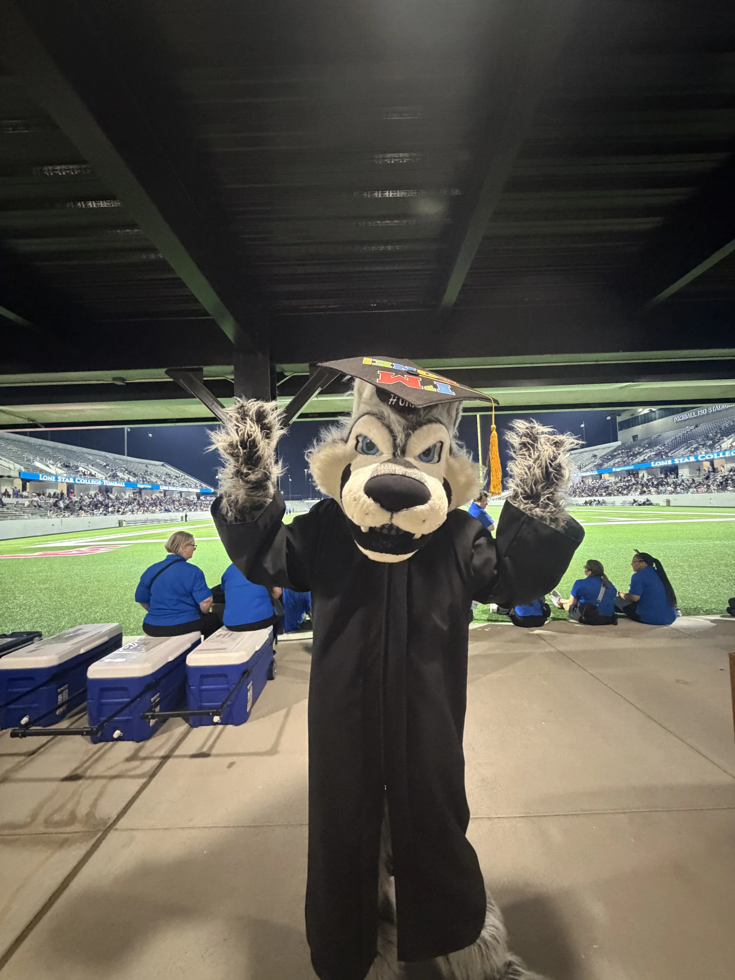 Timberwolf waving in a graduation cap and gown at a stadium